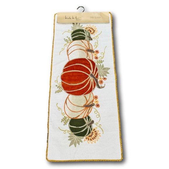 Nicole Miller Table Runner Beaded Embroidered Pumpkins Thanksgiving Fall Autumn - Picture 1 of 2